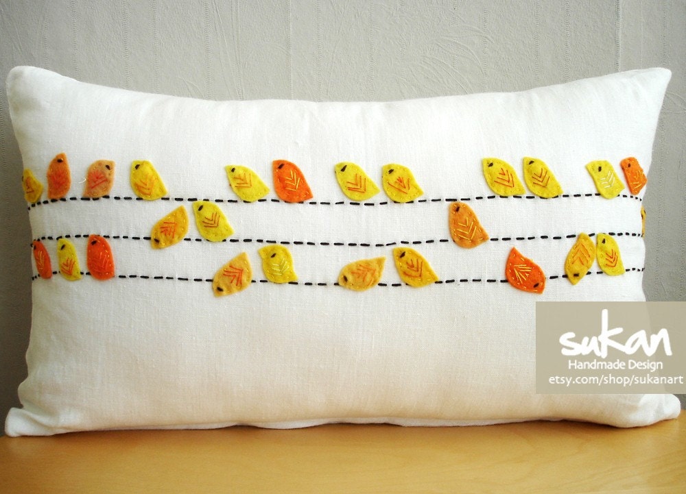 Sukan / Yellow Felt Birds  White Linen Pillow Cover - 12x20 inch