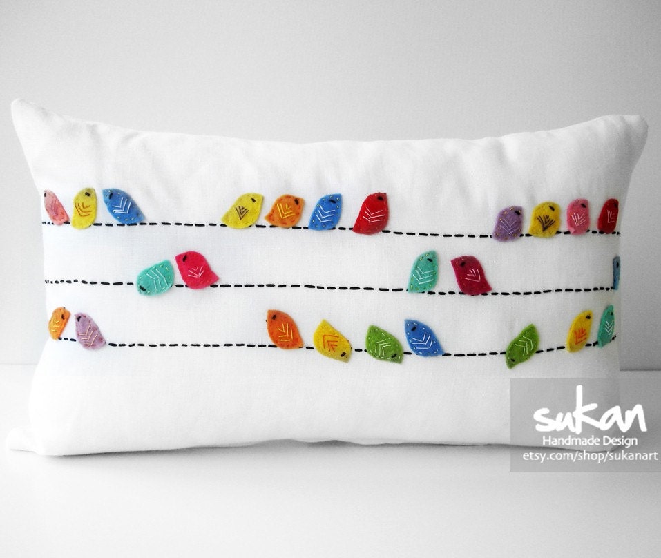 Sukan / Colors Birds Linen Pillow Cover - 12x20 Pillow - Custom Pillow - White Linen Pillows - Bird Pillow - Lumbar Pillows - white Linen