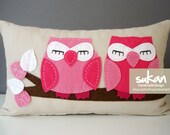 Sukan / Owls Pillow Cover - 12x20 inch - Beige, Pinks, White, Brown Color