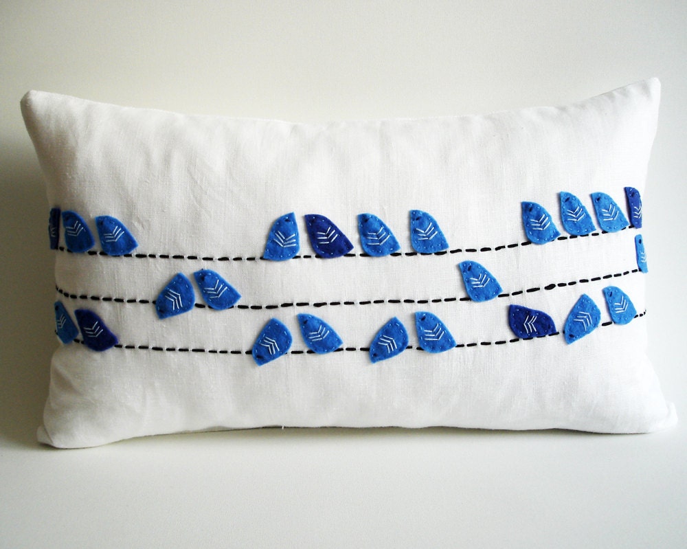 Sukan / Birds Linen Pillow Cover - 12x20 inch - White Blue Dark Blue Black