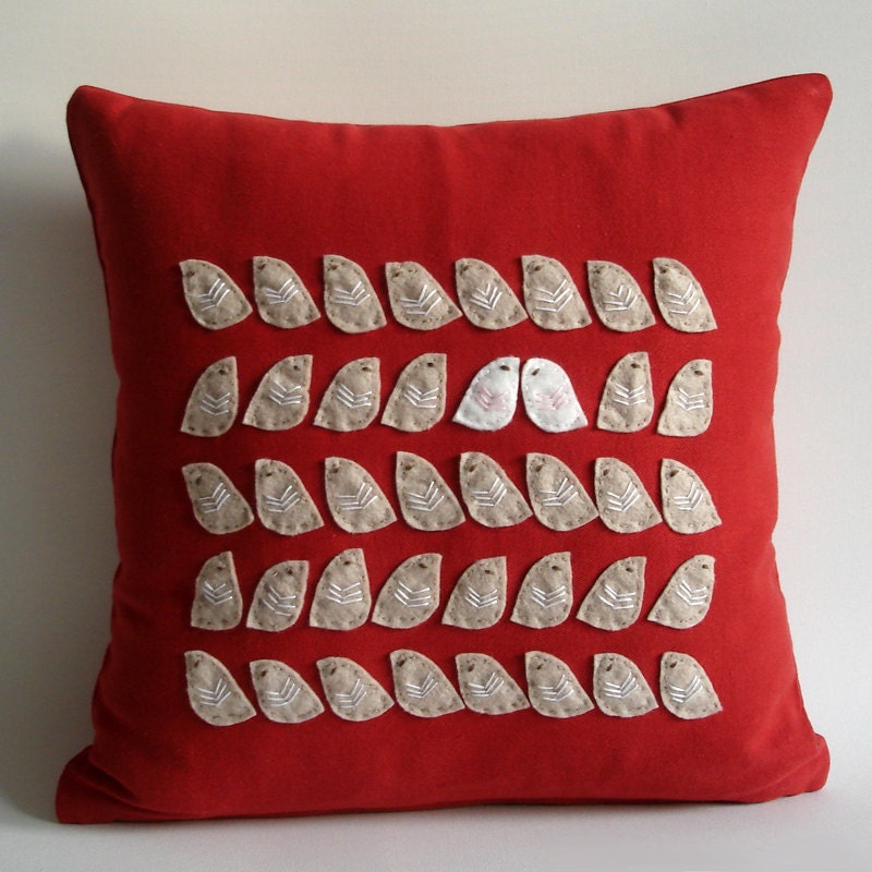 Sukan / Birds Pillow cover, 14x14 inch, Red, White, Beige