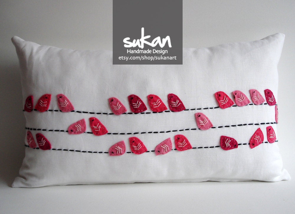 Sukan / Birds Linen Pillow Cover - 12x20 inch - White, Pinks Color