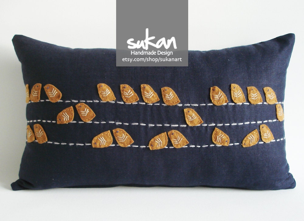 Sukan / Linen, Felt Birds Pillow Cover  12x20 inch  Navy Blue, Mustard, White Color