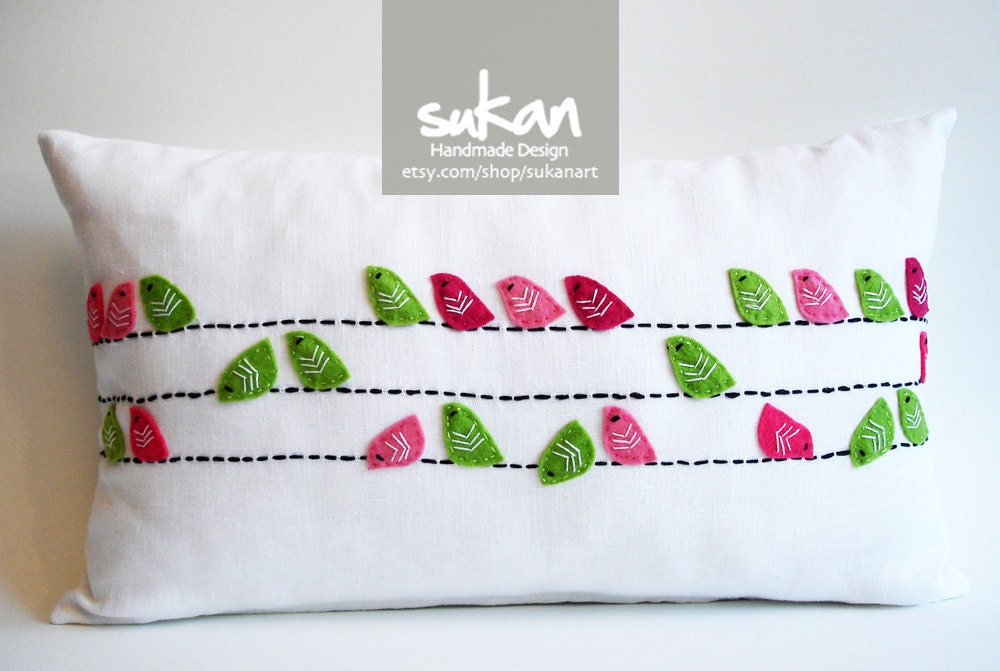 Sukan / Green, Pinks Birds, White Linen Pillow Cover