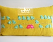 Sukan / Gren-Blue, Pinks Felt Birds, Mustard Linen Pillow Cover
