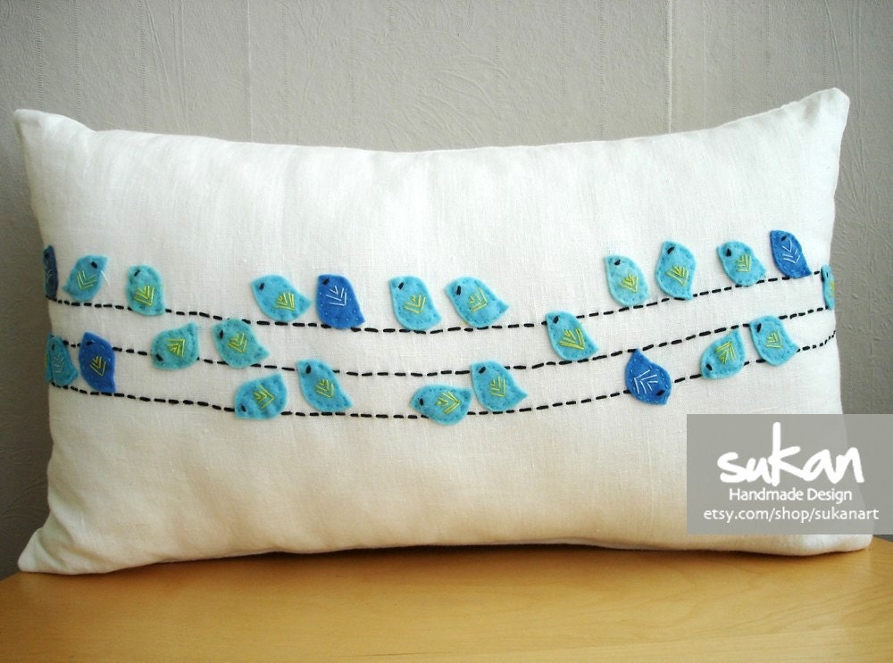 Sukanart / Birds white linen pillow cover - linen pillows - linen pillowcases - linen pillow shams - lumbar pillow