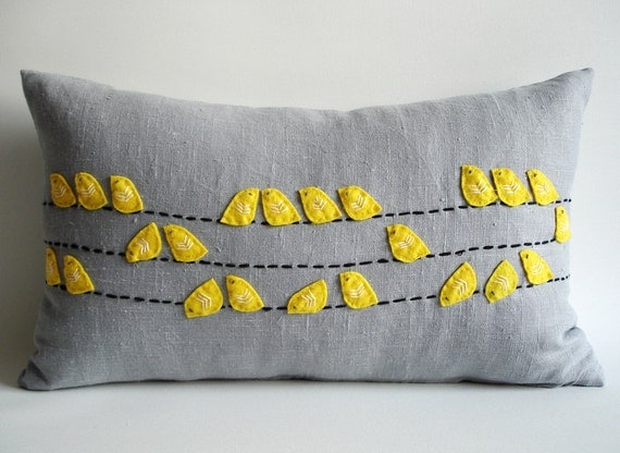 Sukan / Birds Linen Pillow Cover - 12x20 inch - Yellow, Gray, Black Color
