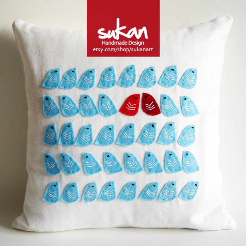 Sukan / Blue, Red Love Birds, White Linen Pillow Cover - 14x14 inch