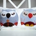 Sukan / Hand Embroidered - Blue Owls - White Linen Pillow cover