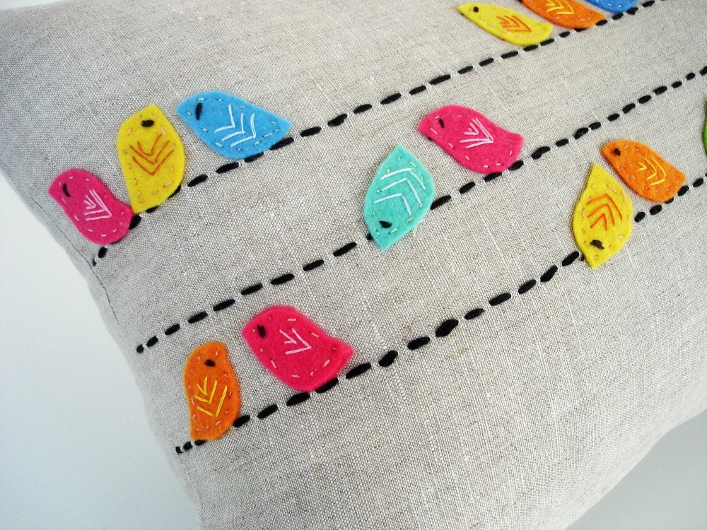 Sukan / Color Birds Pillows - Designer Pillow - Raw Linen PIllow - Decorative Throw Pillows - Cushion Covers - Lumbar Pillow Cover