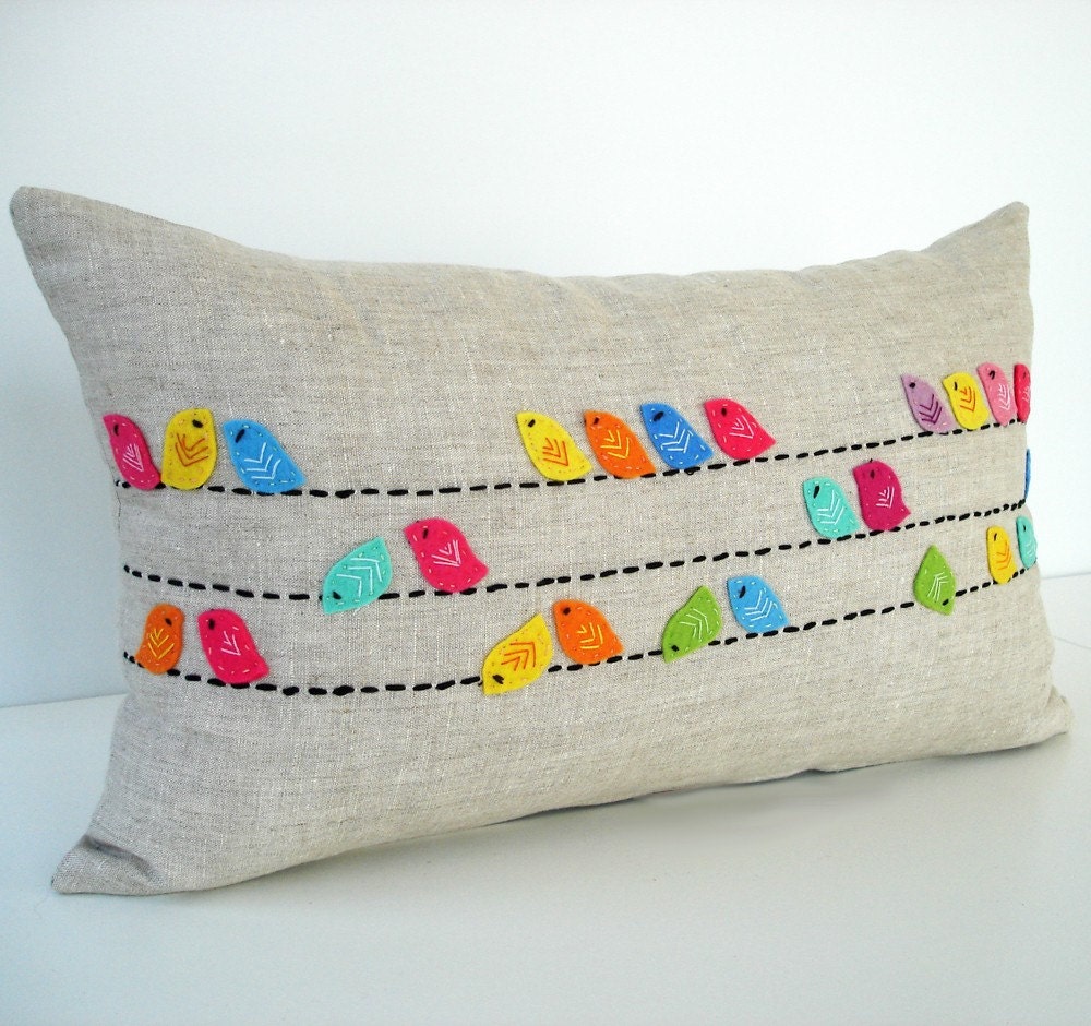 Sukan / Color Birds Pillows - Designer Pillow - Raw Linen PIllow - Decorative Throw Pillows - Cushion Covers - Lumbar Pillow Cover