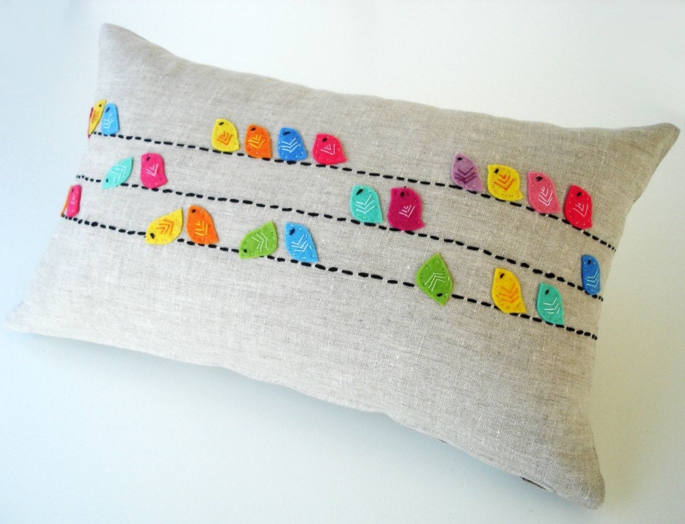 Sukan / Color Birds Pillows - Designer Pillow - Raw Linen PIllow - Decorative Throw Pillows - Cushion Covers - Lumbar Pillow Cover