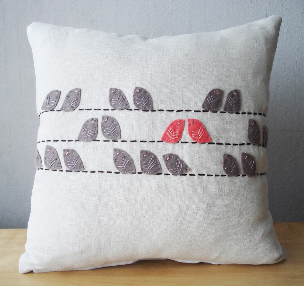 Sukan / Birds Pillows - Designer Pillow - Accent Pillows - Children Decor Pillow - Cushion Covers - 14x14 inch -  Beige, Dirty Brown, Coral