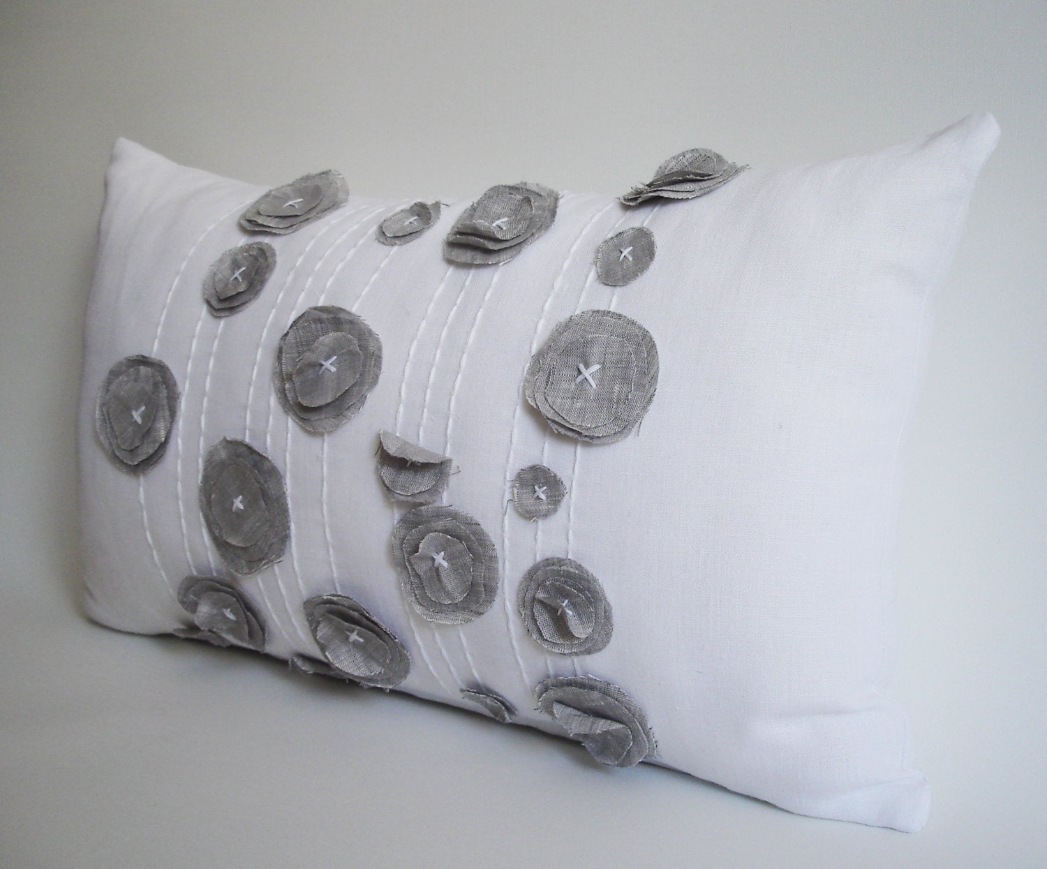 Sukan / White Linen Pillow Cover - Decorative Pillow Cover, Beautiful Rose Throw Pillow Cover ,12x20 inch - White, Gray