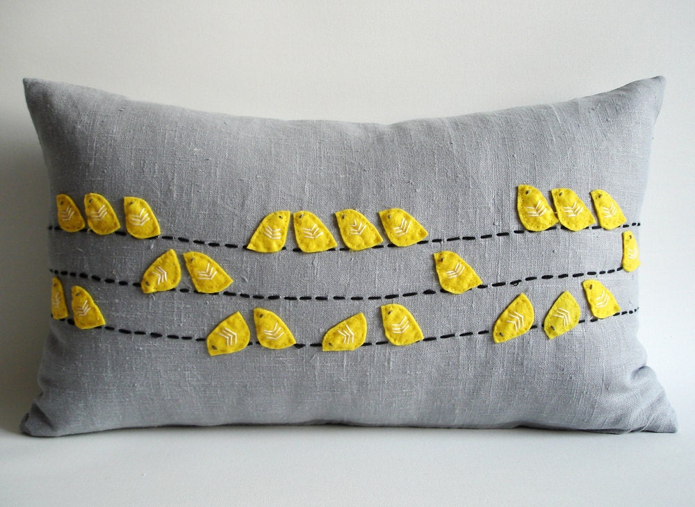 Sukan / Birds Linen Pillow Cover - 12x20 inch - Yellow, Gray, Black Color