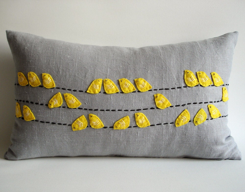 Sukan / Birds Linen Pillow Cover - 12x20 inch - Yellow, Gray, Black Color
