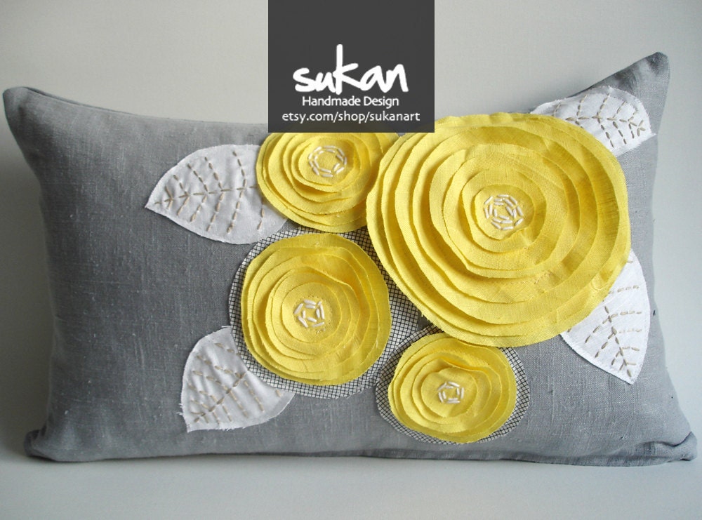 Sukan / Rose Pillow, Gray Linen Pillow Cover - gray throw pillow, rose throw pillow, linen pillow cover, lumbar pillow, gray linen pillow