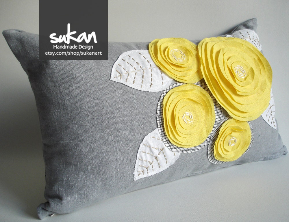 Sukan / Rose Pillow, Gray Linen Pillow Cover - gray throw pillow, rose throw pillow, linen pillow cover, lumbar pillow, gray linen pillow