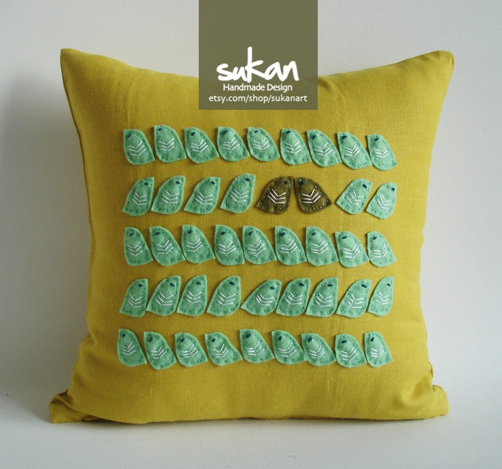 Sukanart / Birds Linen Pillow Cover - 14x14 - decorative throw pillows - bird pillow - bird pillow case - bird pillow cover