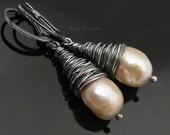 Sterling peach pearls earrings, freshwater pearls, wrapped earrings, oxidized, fine silver, big naural pearls - AnnaMroczek