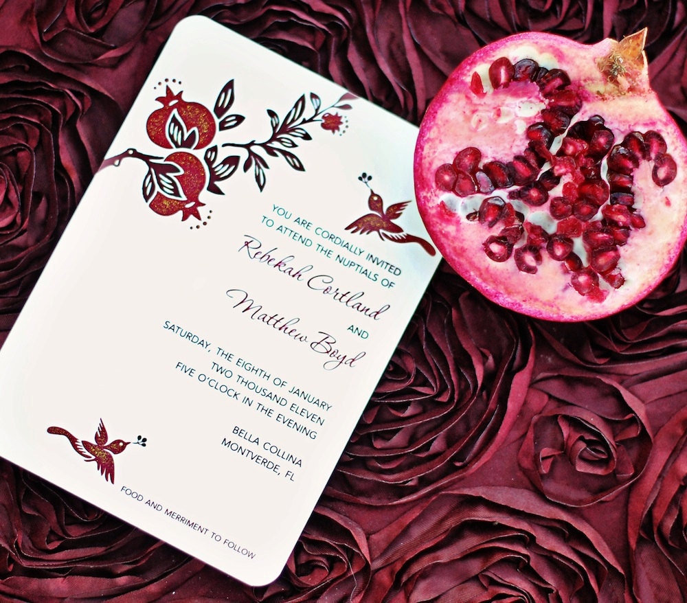 Pomegranate Wedding Invitations - hand painted and embellished with glitter