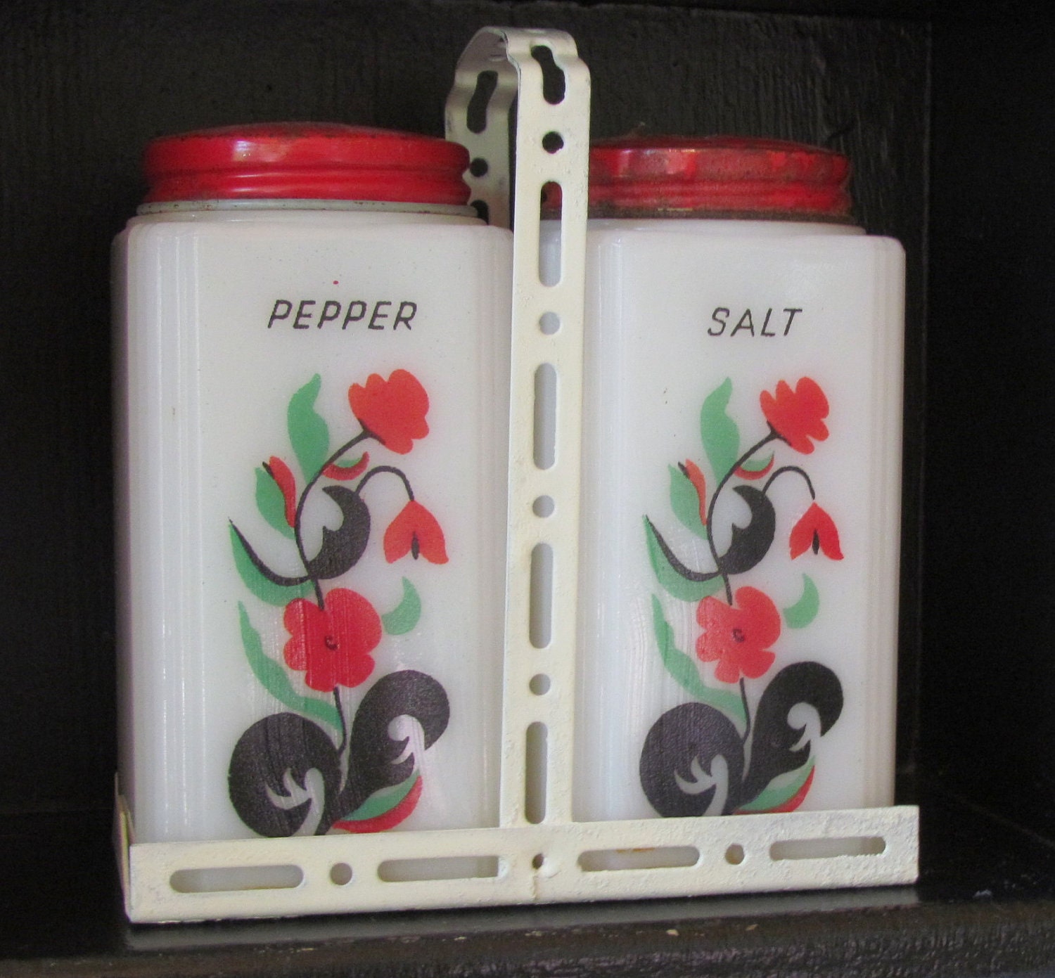 Vintage Tipp Milk Glass Salt and Pepper Shakers with Carrier