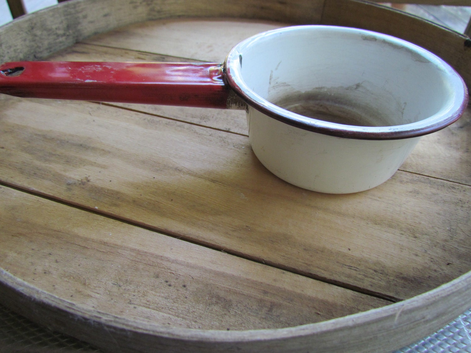 Small Vintage Red and White Enamelware Saucepan