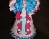 Customize Your Vintage First  Birthday Party Hat and Bib Set - 1st Birthday - Pink, Polkadots, Damask, Turquiose - Removable Wearable Bow