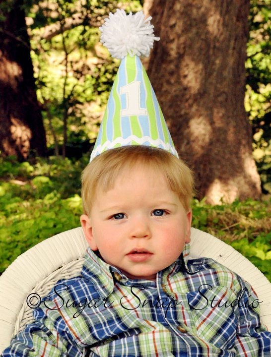 First Birthday Party Hat - Lime Green, Blue and White - 1st Birthday Keepsakes - Ready to Ship