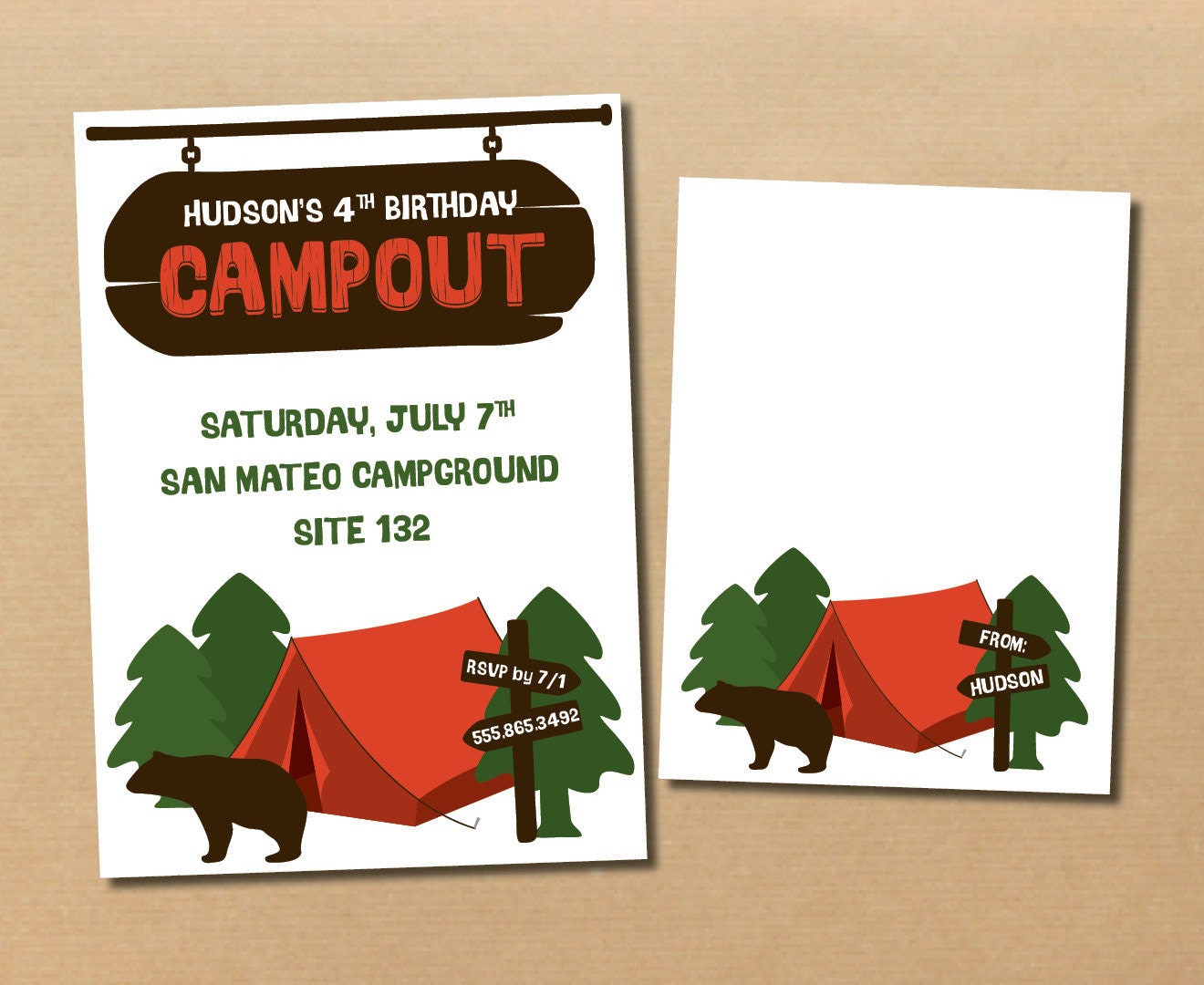 birthday campout // birthday party invitation and thank you card
