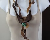 Curly Brown Recycled Leather and Green Vintage Earring Pendant Necklace