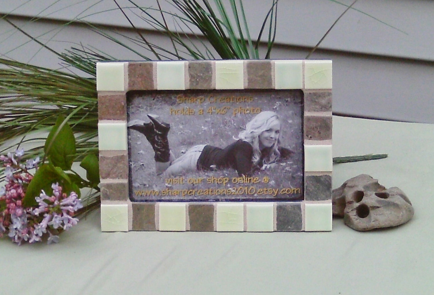 natural stone and ceramic tile mosaic picture frame --- holds a 4"x6" photo