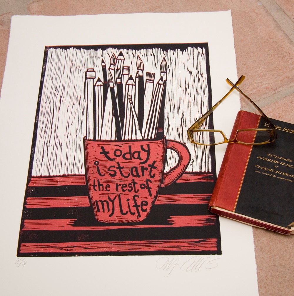 linocut print, Red Letter Day in fireengine red and black on white paper
