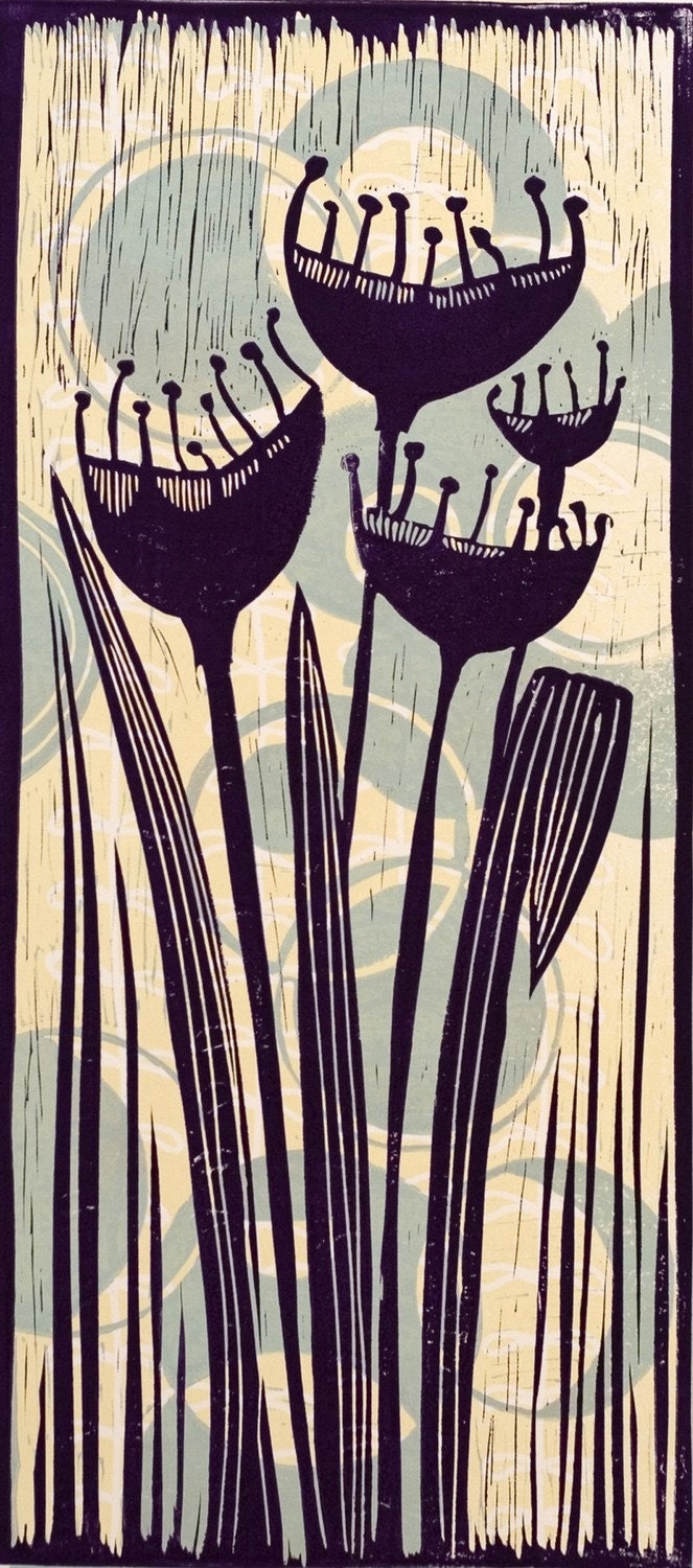 Pods a colour linocut by Mariann Johansen-Ellis