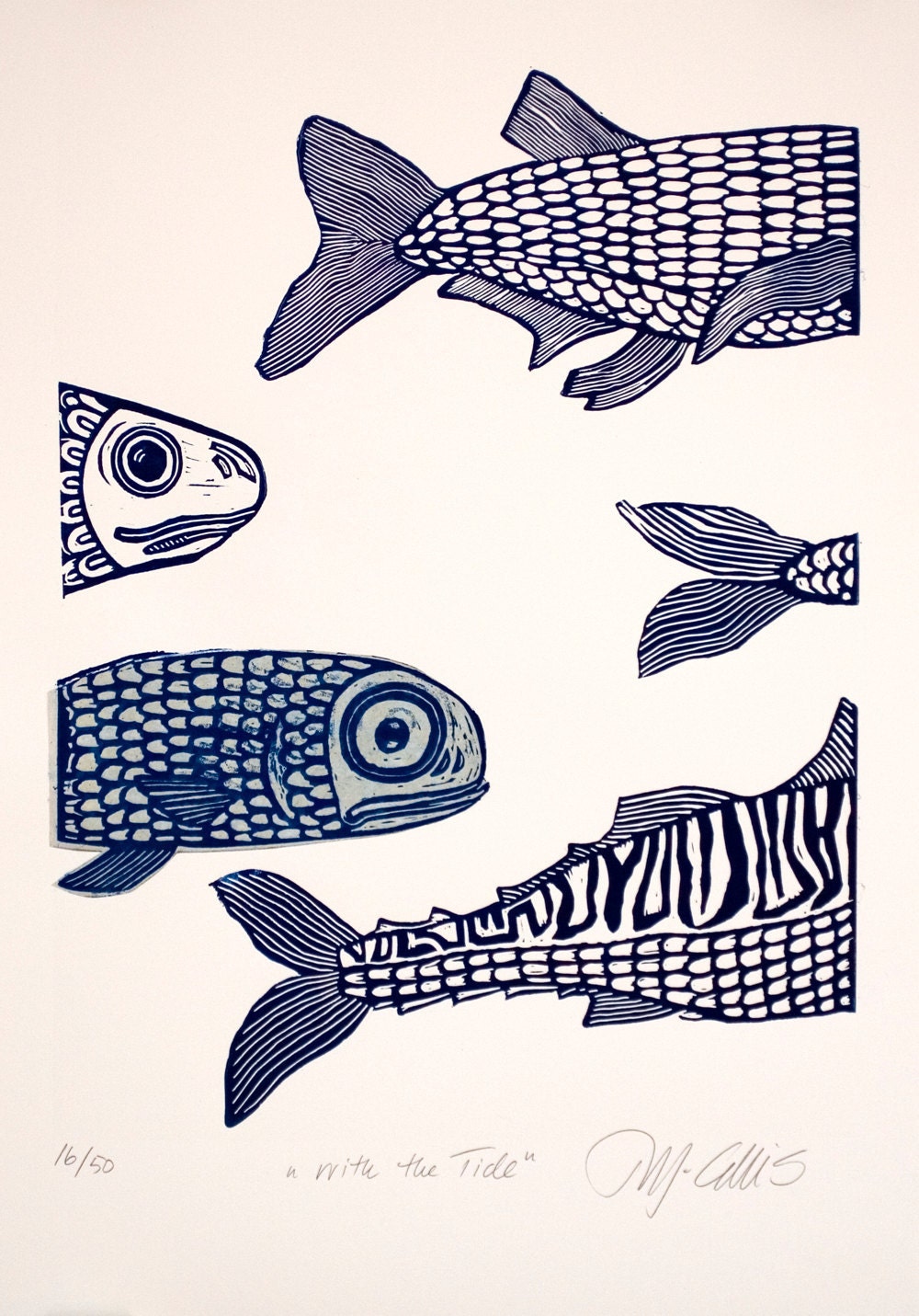 With the tide, a blue handpulled linocut by Mariann Johansen-Ellis
