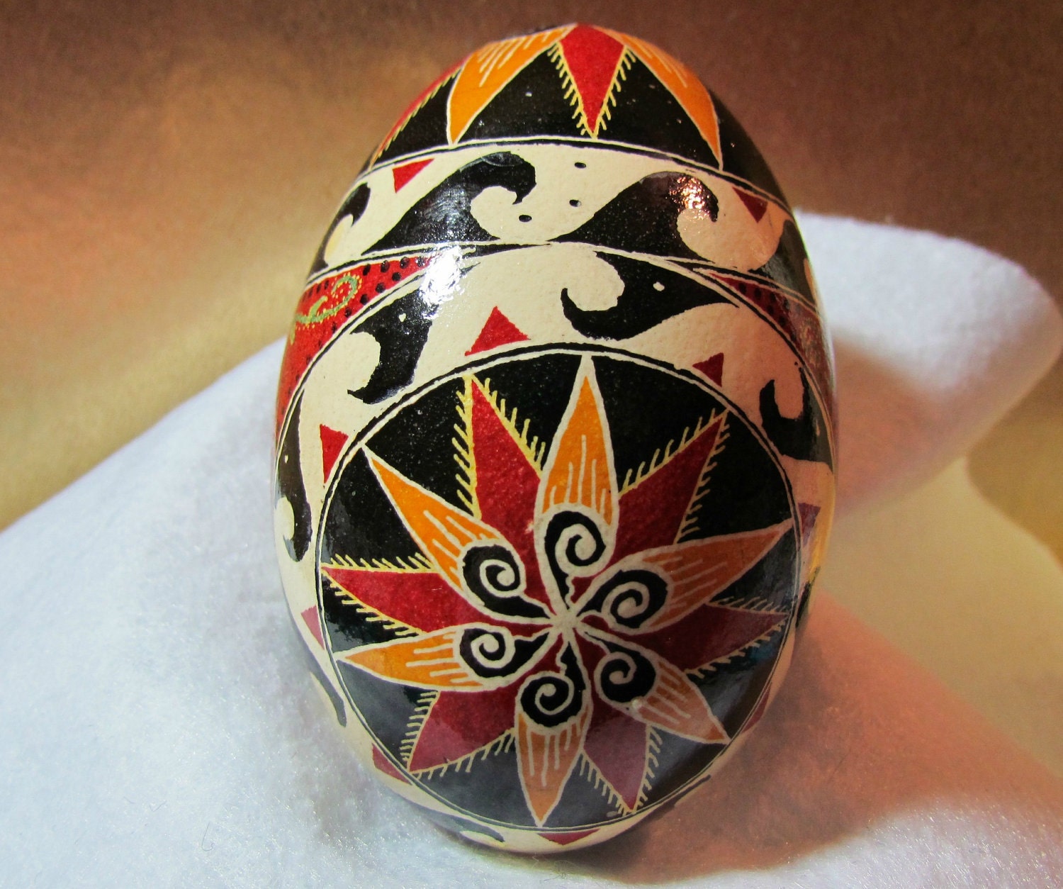 Egg, Pysanka, Ukrainian Easter egg, batik decorated Goose Egg, Sun and Waves Ukrainian Egg