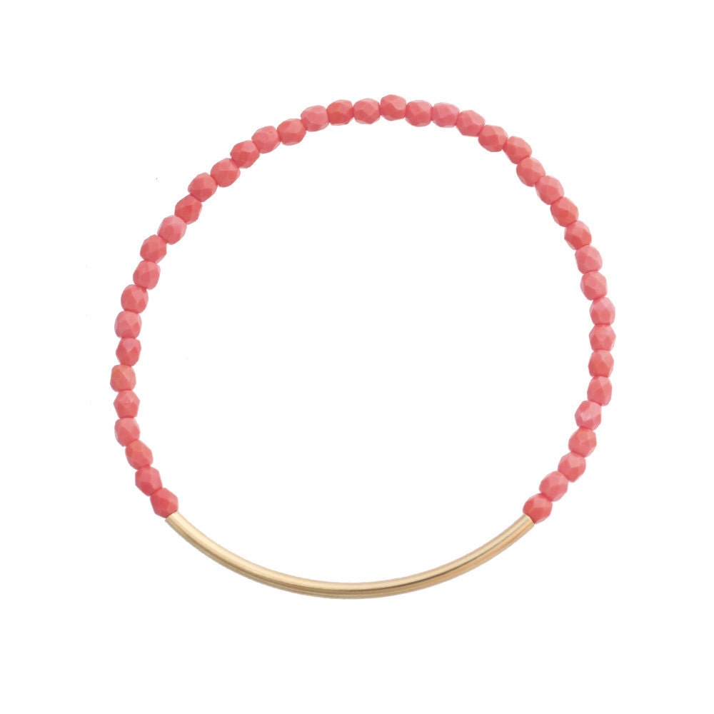 Pink Beads Bracelet - Gold Bar Bracelet