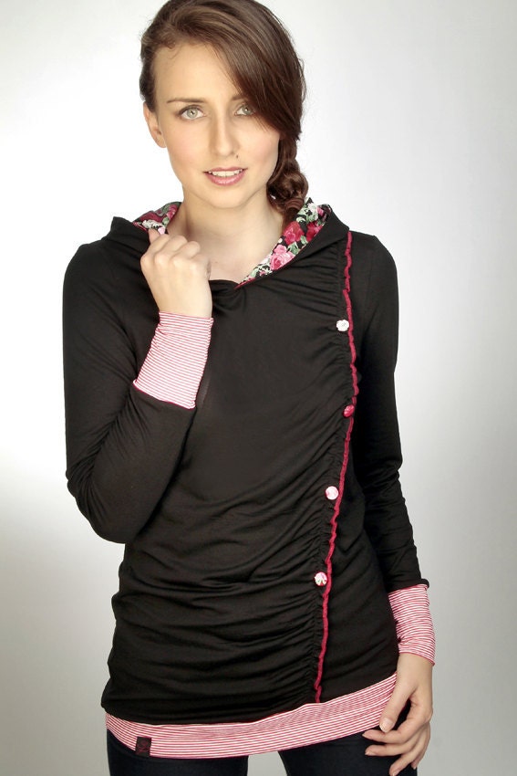 jersey hoodie - black - flowers - buttons - stripes