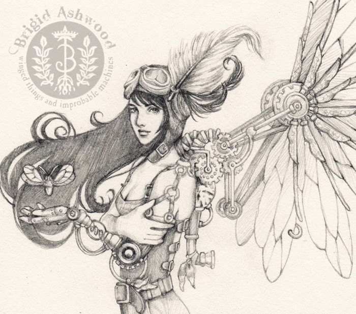 FIREFLY 2 - steampunk fairy original graphite drawing - Brigid Ashwood