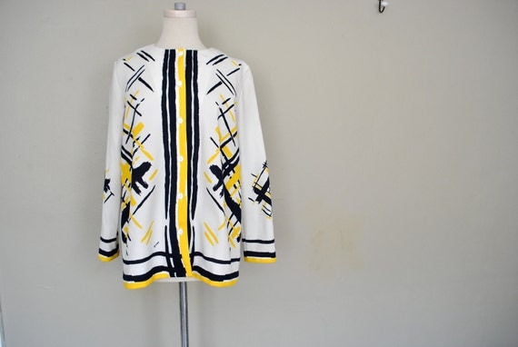Bright 1970s Ladies Blouse / Navy Blue Yellow and White Abstract Design Shirt / Large Vintage / 1970s Clothing