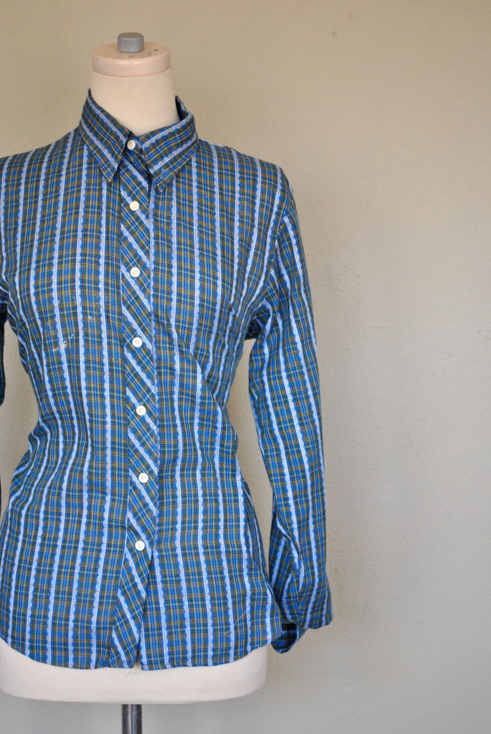 Vintage Shirt / Blue Striped Woman's Shirt / Medium Shirt / Vintage 1970s Women's Blue Plaid Shirt