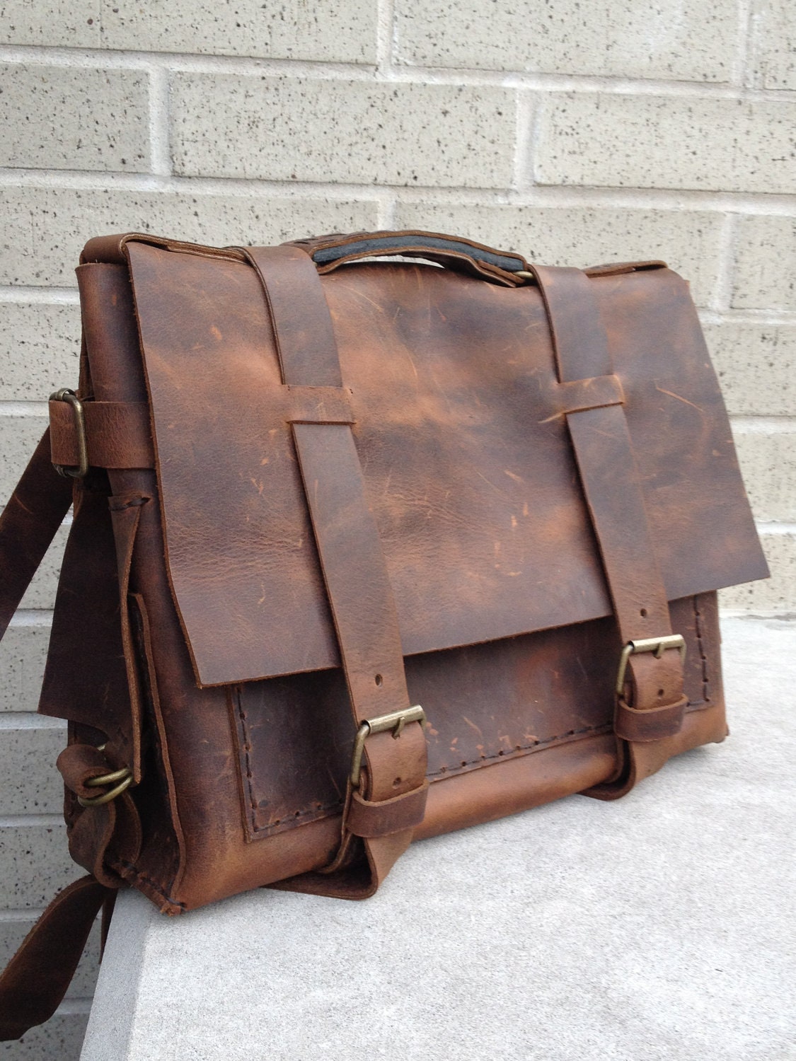 Hand stitched mens leather briefcase by Aixa on Etsy