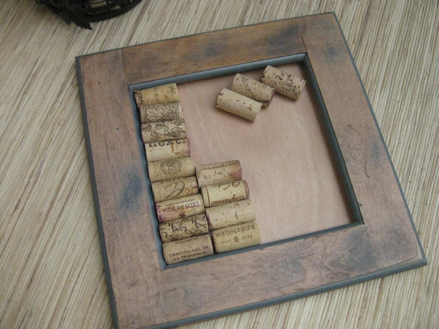 DIY Wine Cork Bulletin Board - made from reclaimed wood - Rustic Distressed Brown with Blue