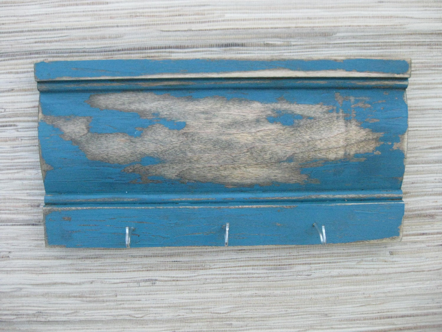 Distressed Wood Wall Hanger, Vintage Blue on Reclaimed Wood, Weathered Teal with hooks - team fest
