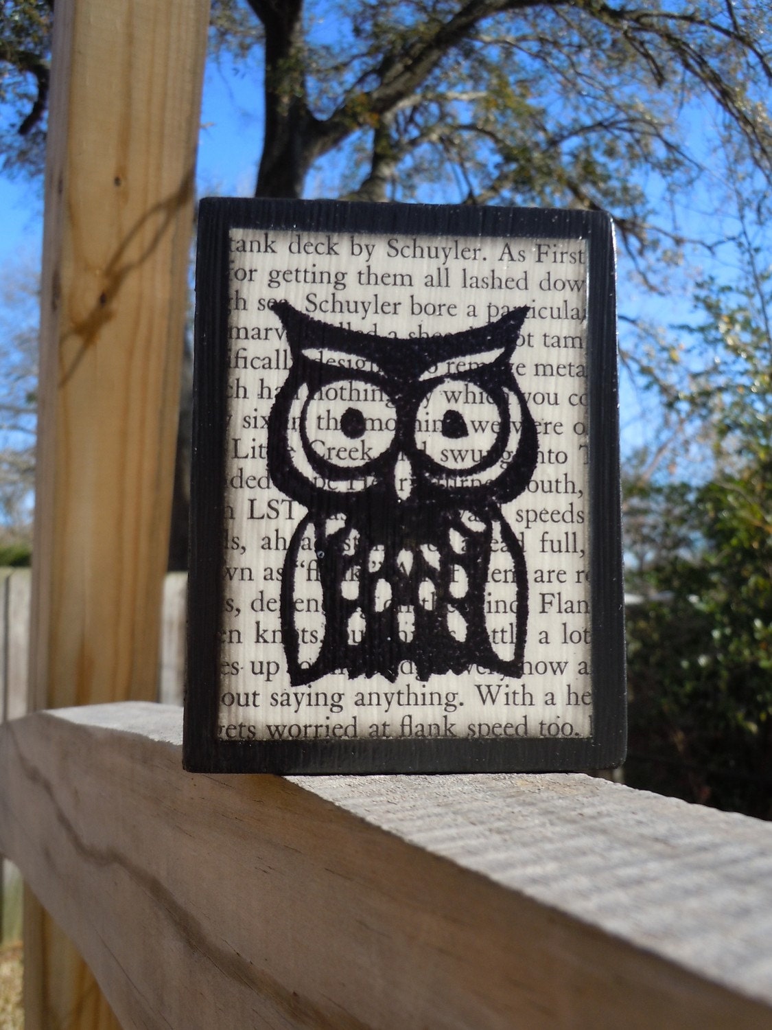 Unique Geekery Art / Wise Owl Picture Wood Block / Made From Fiction Book Paper / Awesome Gift /