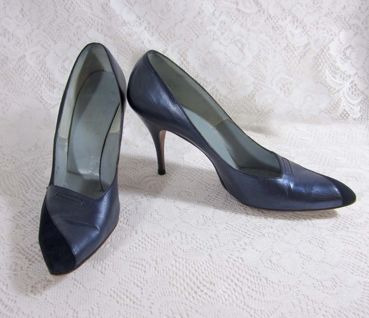 1950s Stiletto Heels - Dark Blue Suede & Leather - Valley/Daytons - 3.5" heel - 8A