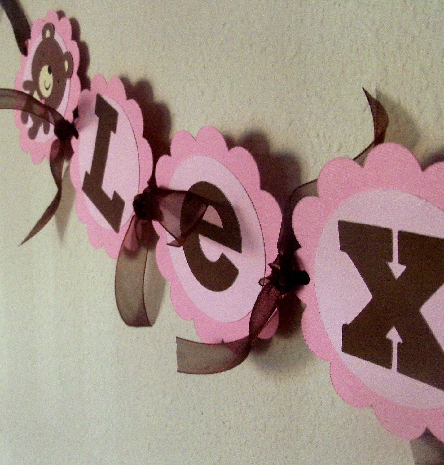 Teddy Bear Party NAME Banner - pink, pastel pink, brown - room decoration, birthday party, baby shower - Tayler the Teddy Bear