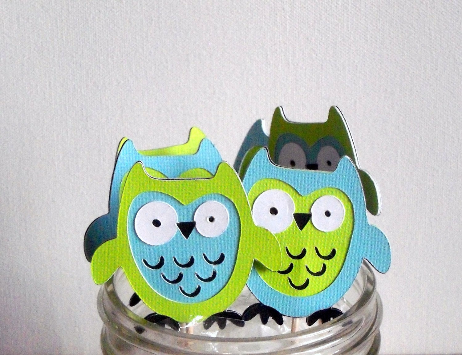 Owl Cupcake Toppers - lime green & light turquoise - set of  12 - Owen the Owl Collection