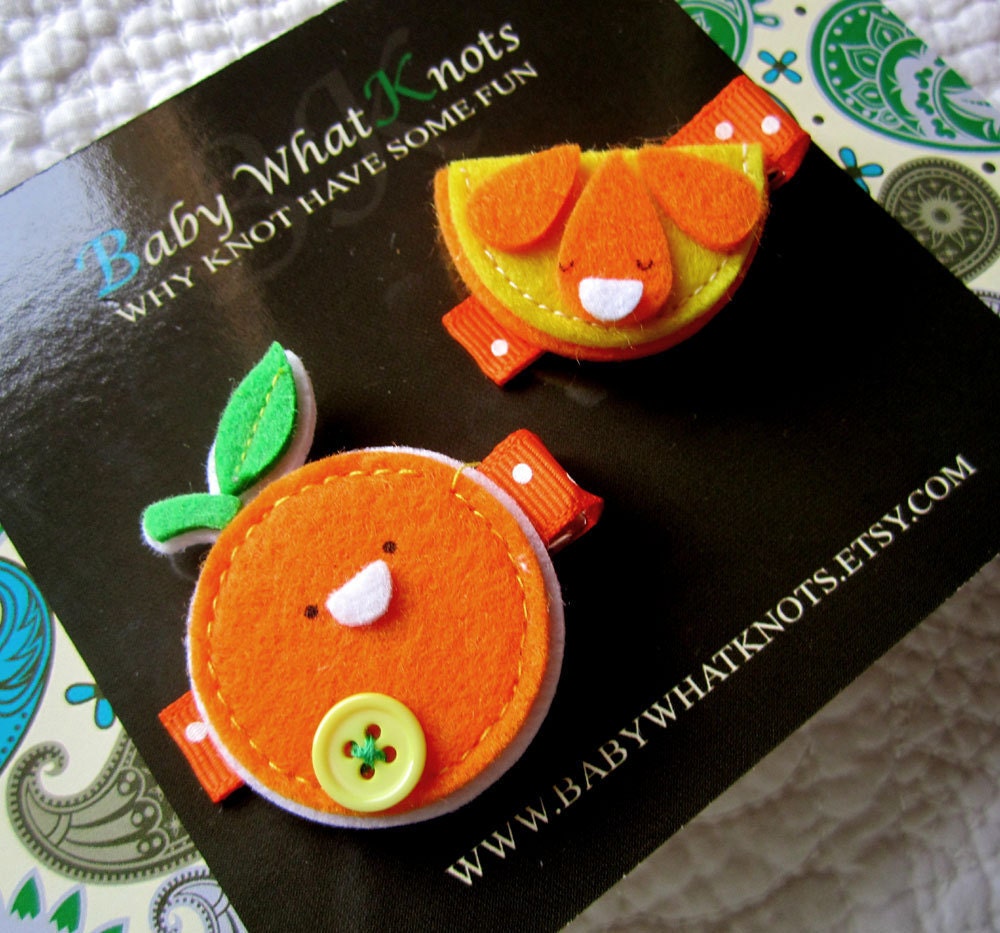 Orange Hair Clip Set, Set of Fruit Hair Clippies, Girl Barrette, Orange Slice Hair Clippies