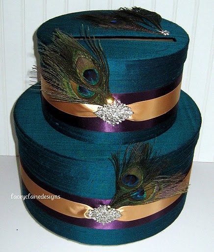 Wedding Card Box, Money Card Box Peacock Card Box Custom Made, peacock feathers & vintage style rhinestone brooches
